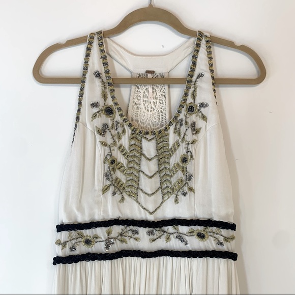 Free People Ruched Chiffon Hand Embroidered Maxi Dress in Color Creme - Picture 2 of 12